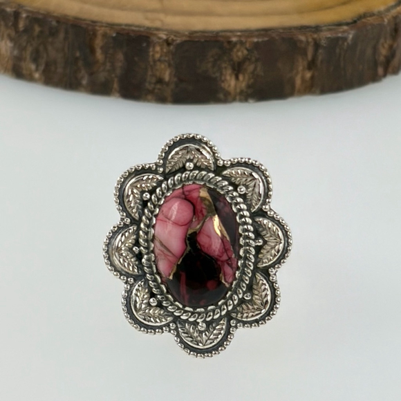 Pure Sterling Silver 925 Red Dahlia Turquoise Flower Navajo Style Ring Size 8.75 - Picture 8 of 10